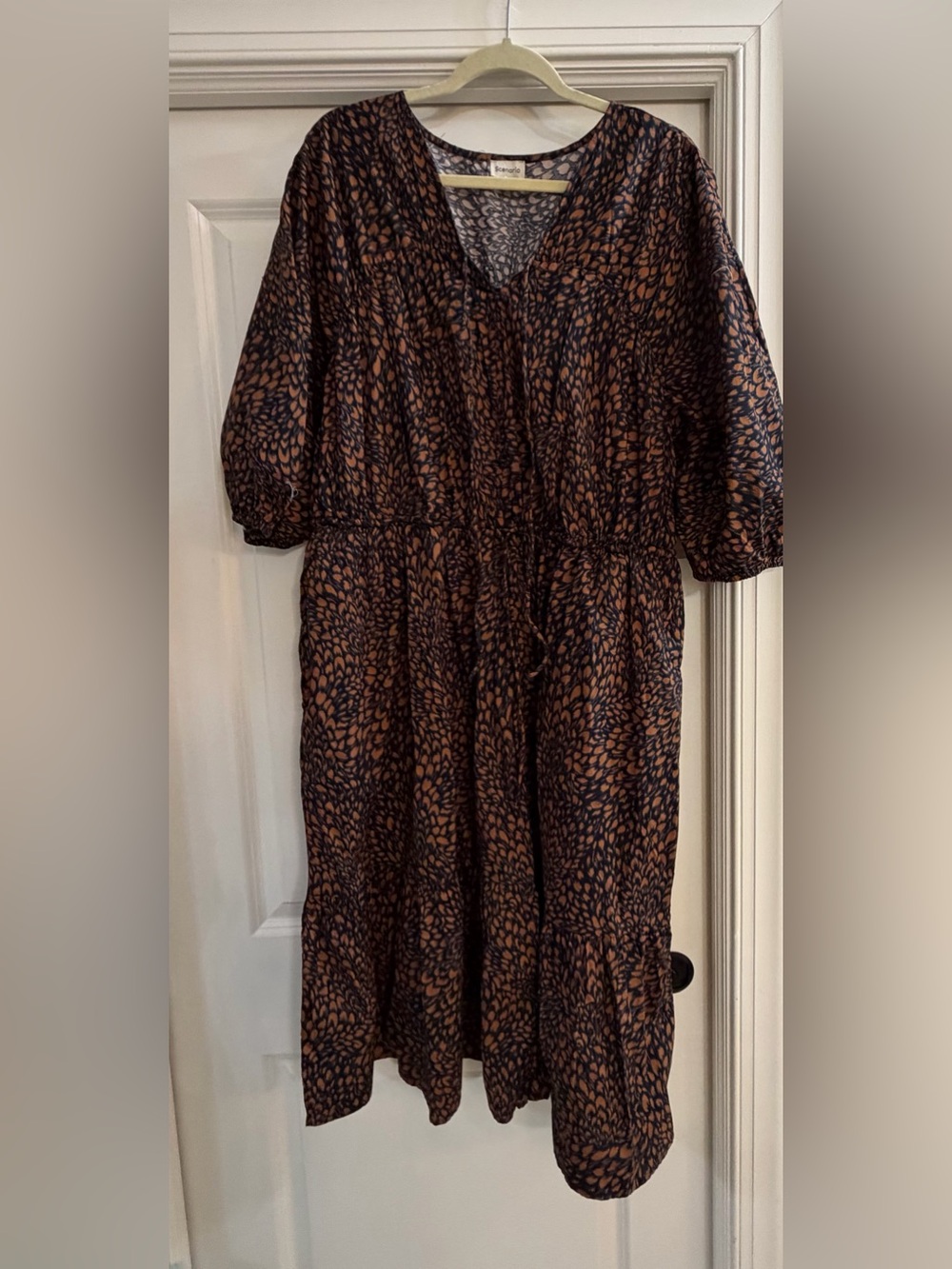 Classic Navy Midi Dress with Brown Print - Elastic Waist